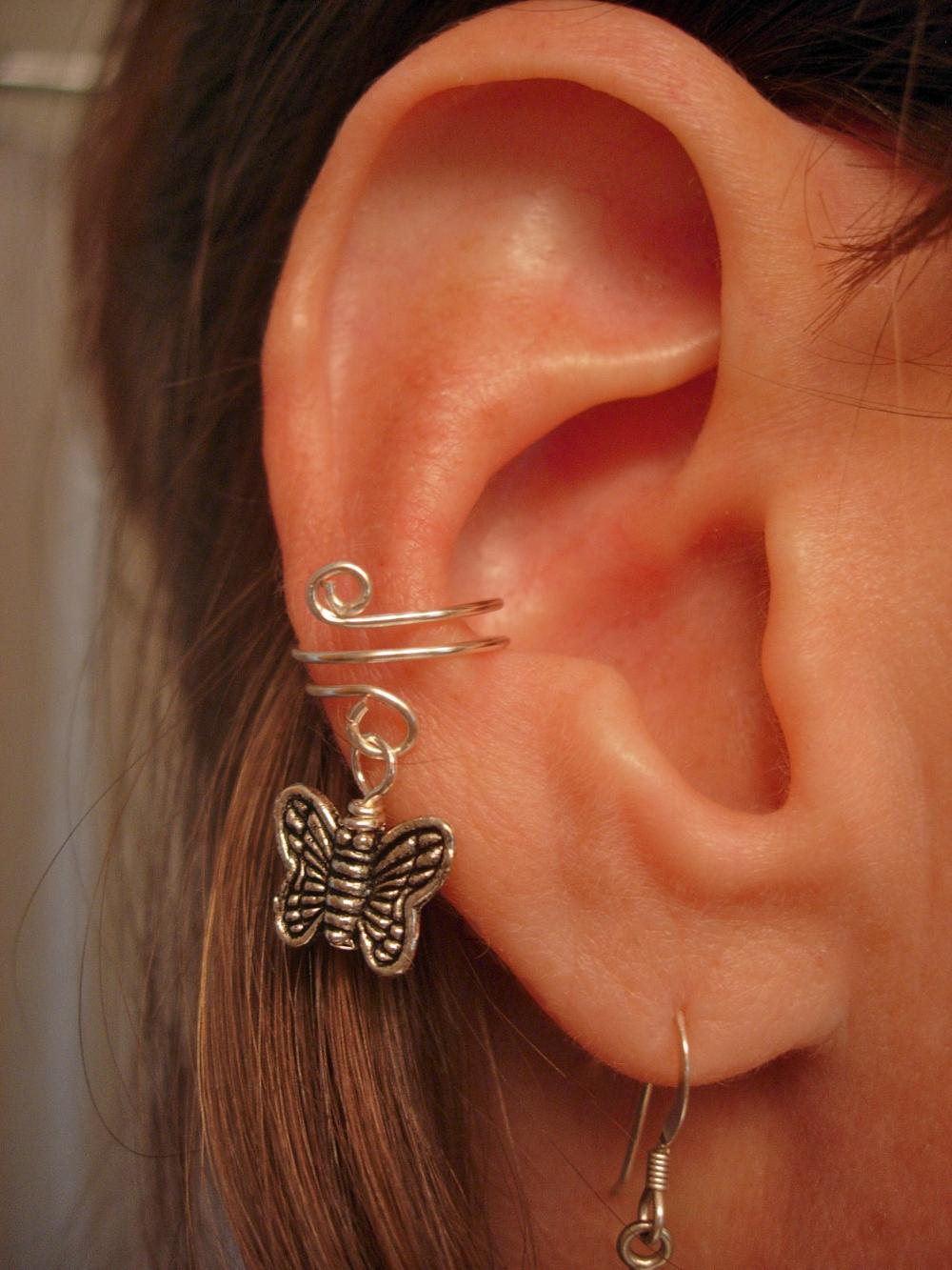 Ear Cuff, Dainty and Feminine Silver Cuff with Butterfly Charm 