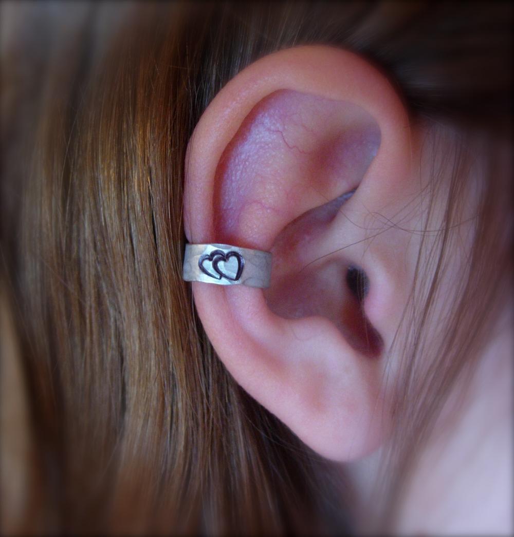 Ear Cuff, Hand Hammered Aluminum with a cute double heart stamped into the metal and blackened