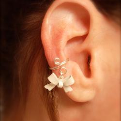 Ear Cuff, Dainty and Feminine Silver Cuff with White Bow Charm  
