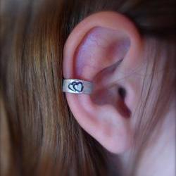 Ear Cuff, Hand Hammered Aluminum with a cute double heart stamped into the metal and blackened
