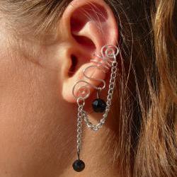 Ear Cuff with Chain and Black Bead Accents