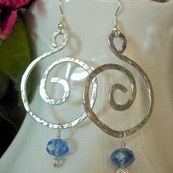 Hand Hammered Bold Earrings, Silver Colored Aluminum, with Blue Sparkle Bead Accent, Modern, Bold,