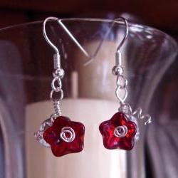 Feminine and Dainty Ruby Red Glass Flower and Leaf Earrings, silver plated