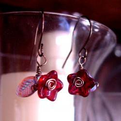 Antique Brass Wire Earrings with Ruby Colored Glass Flowers and Iridescent Leaves